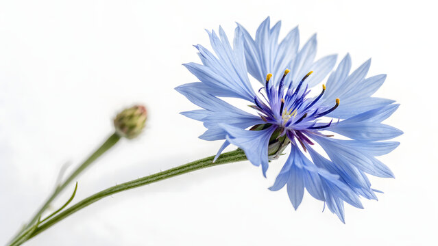 A beautiful blue cornflower blooming against a clean white backdrop