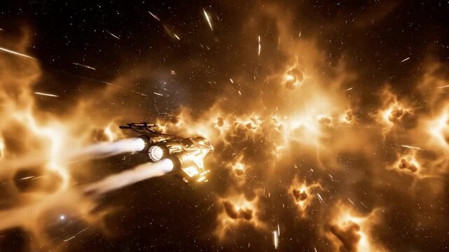 A spaceship flying through a massive explosion in space