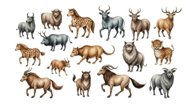 Group of Diverse Wild Animals Portraits in Row