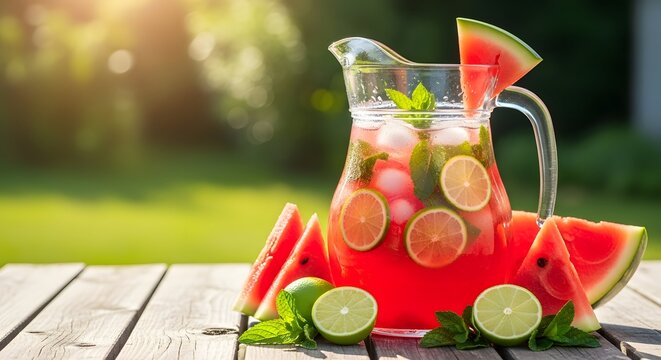 Watermelon lime cooler is perfectly garnished with mint and served in a glass pitcher outdoors on a sunny summer.
