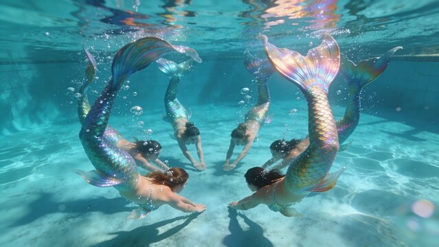 Beautiful mermaids in elegant formation doing perfect synchro routine under water