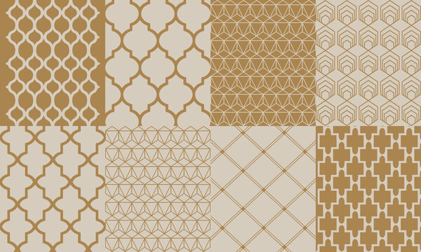 Versatile collection of eight elegant seamless patterns featuring classic Moroccan ogee, geometric triangles, and Art Deco hexagonal shapes in warm beige and tan colors.