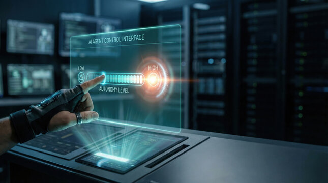 AI agent control interface shows autonomy level adjustment for future security vision with advanced ai agents technology in data center environment