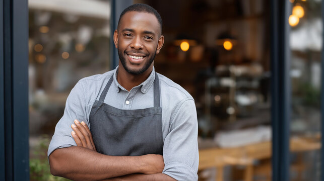 Business owner standing in front of coffee shop, cafe proprietor portrait, hospitality entrepreneur, small business professional, welcoming storefront presence, defocused establish