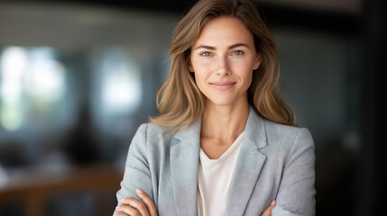 Fototapeta premium Portrait of successful businesswoman inside office standing with arms crossed, professional corporate executive, confident female entrepreneur, leadership posture, modern workplace