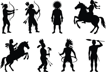 Native American warrior silhouettes set, tribal archers and horseback riders with traditional headdress and weapons, black vector illustration isolated on white background