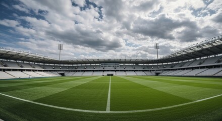 Fototapeta premium Vast Football Stadium Beckons with an Emerald Green Field Awaiting Dramatic Matches Ahead