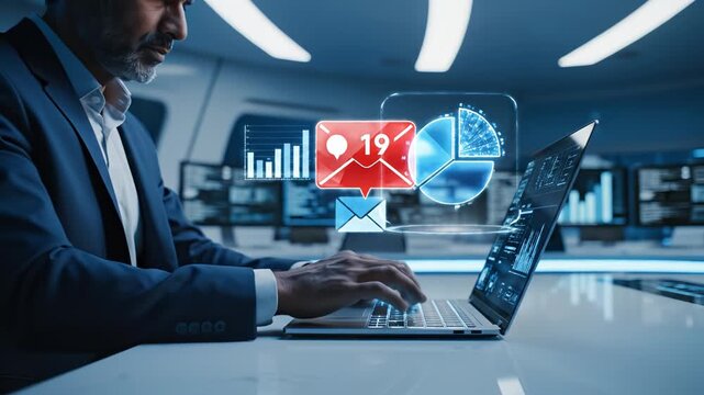 Person working on laptop with digital overlays