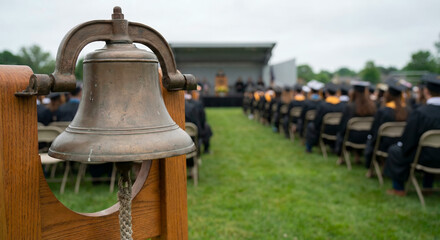 Fototapeta premium Graduation bell ringing at outdoor ceremony with attendees seated 