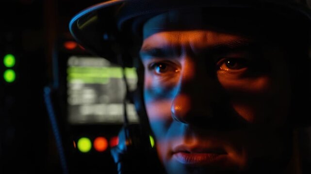 Intense close-up of a soldier's face in a command center. A focused military operator monitors a screen in a dark, high-tech room. Modern warfare concept