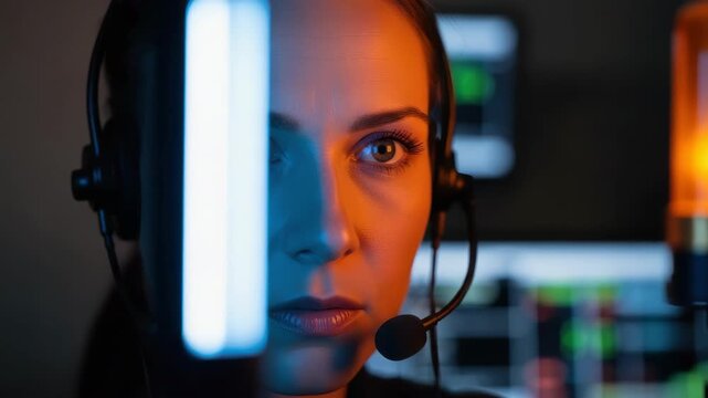 Close-up of a focused female operator with a headset in a dark control room. Professional dispatcher monitoring a system with a flashing emergency alert light. Technology and security concept