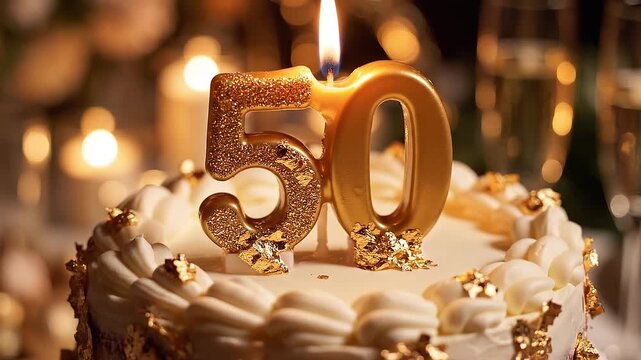 Elegant 50th birthday cake with lit candle, gold glitter number candles, and decorative cream frosting