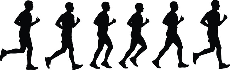 Naklejka premium Black silhouette set of a male athlete running in sequence showing various motion stages of jogging and sprinting isolated on a white background,