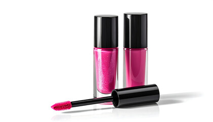 Two bright pink lip glosses and applicator on white. Glossy, reflective surface. Close-up shot