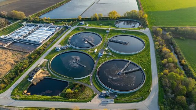 Wastewater treatment plant aerial view. Circular clarification tanks and purification infrastructure. Environmental engineering and water management facility.