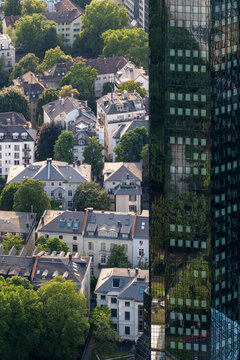 Urban residential city scene in Frankfurt Germany captured in aerial daylight where a skyscraper creates strong contrast with surrounding architecture
