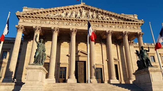 Classical building with flags and statues