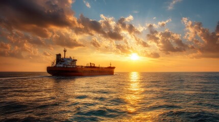 Naklejka premium Large cargo ship sailing on vast sea during sunset. Commercial freighter navigating global trade routes. Ocean transportation and shipping industry.