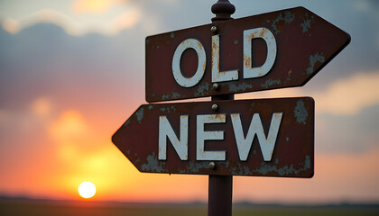 Old versus new direction signpost at sunset for business strategy and change concept