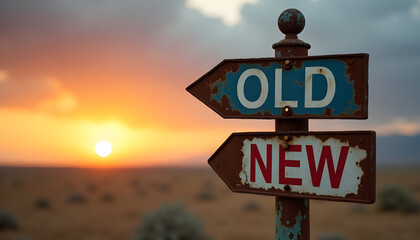 Old versus new direction signpost at sunset for business strategy and change concept