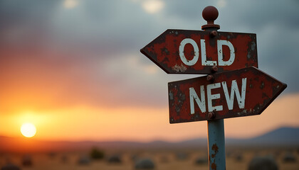 Old versus new direction signpost at sunset for business strategy and change concept