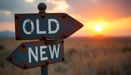 Old versus new direction signpost at sunset for business strategy and change concept