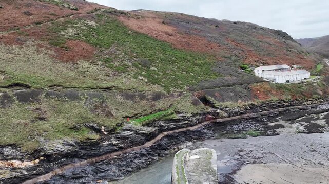 Aerial view over Boscastle Cornwall from a drone 4K video