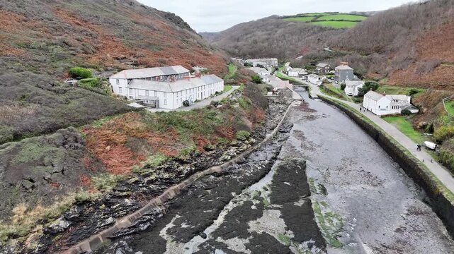 Aerial view over Boscastle Cornwall from a drone 4K video