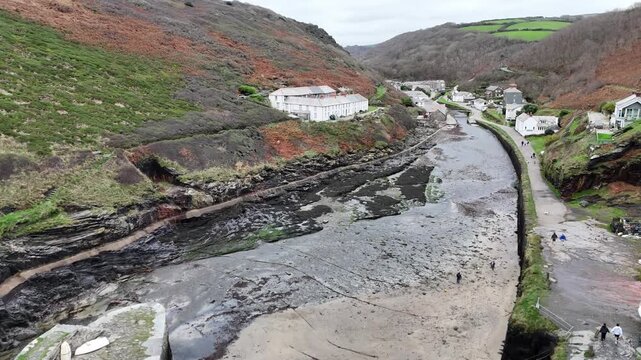Aerial view over Boscastle Cornwall from a drone 4K video