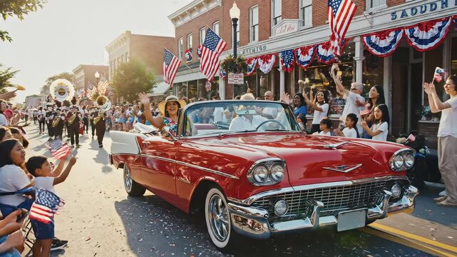 Red vintage car parade with crowd