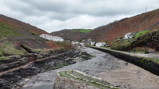 Aerial view over Boscastle Cornwall from a drone 4K video