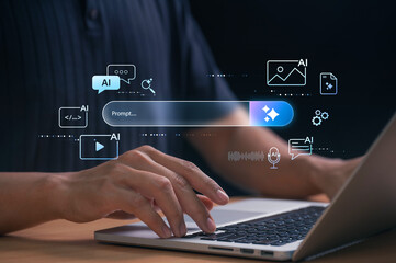 Digital Creator Typing Prompt on Laptop with AI Icons Representing Generative Content Tools for Text, Image, Code, Video and Voice in Modern Office Setting Showcasing Future of Artificial Intelligence © IDOL'foto