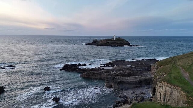 Aerial view of Godrevy Lighthouse In Cornwall, UK.