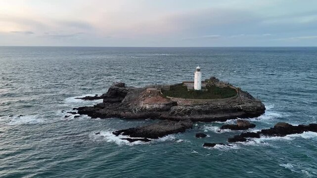 Aerial view of Godrevy Lighthouse In Cornwall, UK.