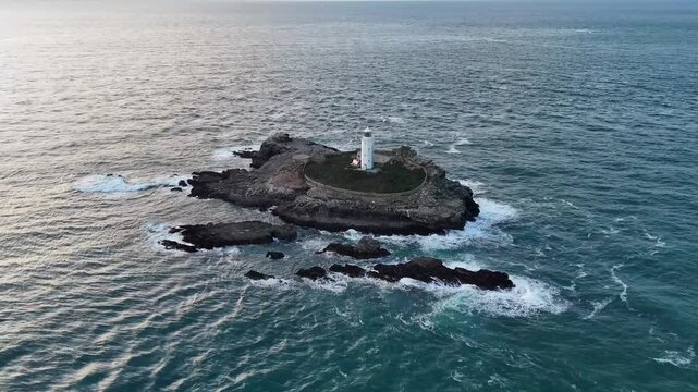Aerial view of Godrevy Lighthouse In Cornwall, UK.