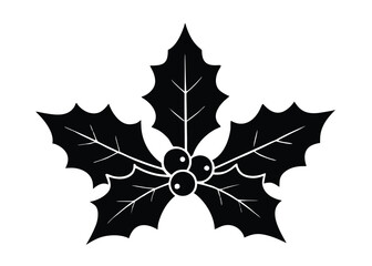 Black silhouette of holly leaves and berries on white background christmas symbol festive icon