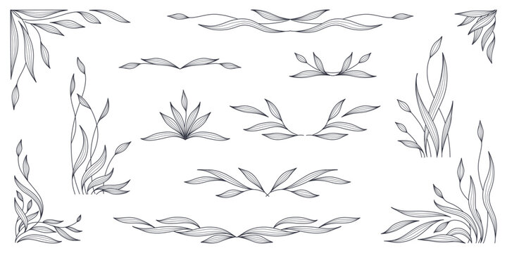 Floral frame in line art style set. Hand drawn botanical abstract decorative corners, borders, dividers with flowers, branches, and leaves. Vector illustration