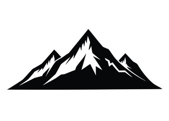 Black silhouette of a mountain range with snow capped peaks on a white background symbolizing adventure and nature