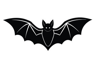 Black bat silhouette with white outline flying alone on plain white background for halloween or nocturnal themes