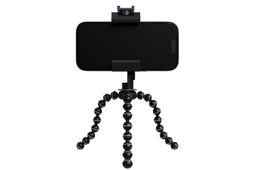 Fototapeta premium A black smartphone is held horizontally by a mount on a small, flexible, segmented-leg tripod, centered against a dark, isolated background