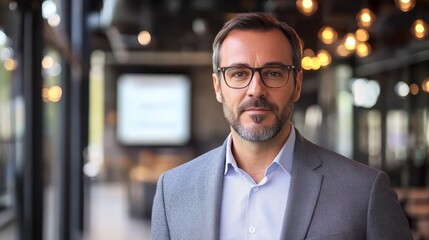 Obraz premium Man with beard and glasses poses in modern indoor setting professional portrait photography.