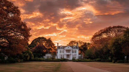 Grand southern home at vibrant sunset. Classic american architecture with a long driveway. Idyllic estate for real estate or travel postcard.