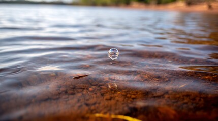 Close-up of small white bubble floating in brown water with brownish-orange hues, showing fluid motion, natural liquid texture, abstract surface, and macro detail