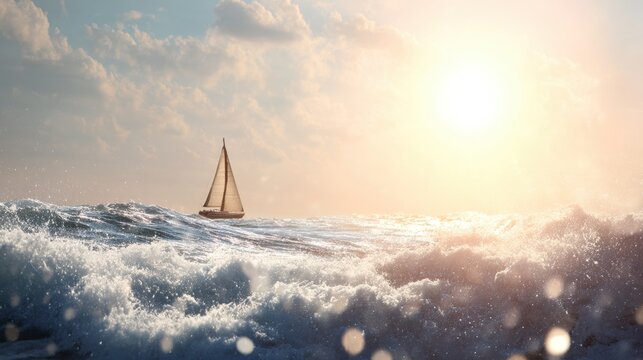 Sailboat sailing on the rough ocean waves at sunset. Adventure and freedom journey concept. Maritime travel and nature.