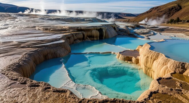 Vibrant thermal pools nestled in a rugged, mineral-rich landscape under a clear sky
