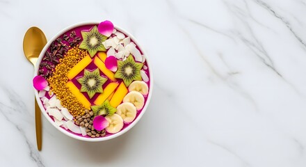 Naklejka premium Vibrant smoothie bowl, beautifully garnished with fresh fruits, seeds, and petals, offers a healthy and colorful.