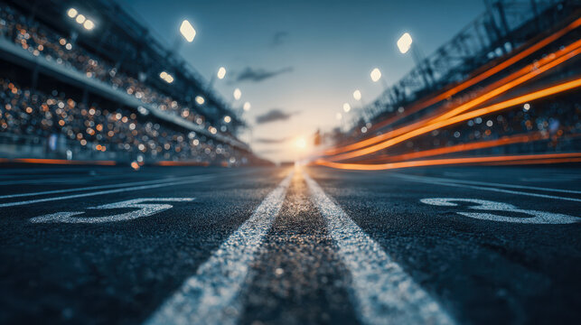 Dynamic racetrack scene at dusk with blurred lights and empty starting grid lines, capturing the thrill and speed of motorsport in a luminous stadium setting