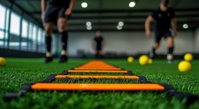 Athletic Training Session with Focus on Footwork Drills Using Agility Ladder on Indoor Turf Surface in Modern Training Facility