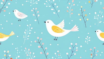 Whimsical pastel bird pattern with delicate branches and small dot details