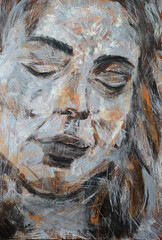 Część portetu kobiecego,  malowane pędzlem, z widocznym płótnem, przy użyciu kolorów brązu, szarości, pomarańczu © Joanna